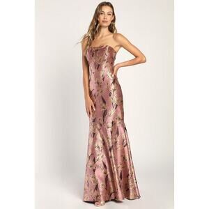 Lulus Gowning Around Mauve Floral Jacquard Strapless Maxi Dress Purple - Size L